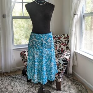 TALBOTS Blue, Teal, and white Print Details Midi Skirt with Ruffle Hem, Size 4P